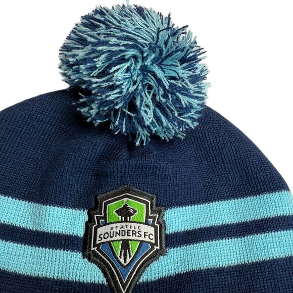 Seattle Sounders FC Soccer Beanie Hat Blue stripe with Pom Pom Pouf on Top. Warm main image 4